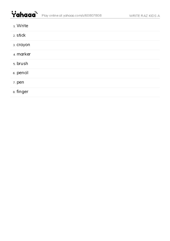 Word list with meanings worksheet for WRITE RAZ KIDS A