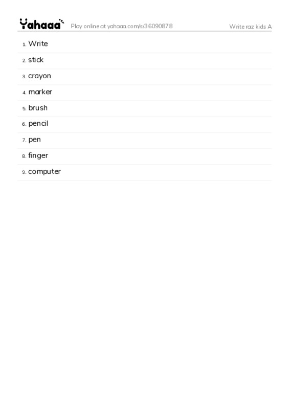 Word list with meanings worksheet for Write raz kids A