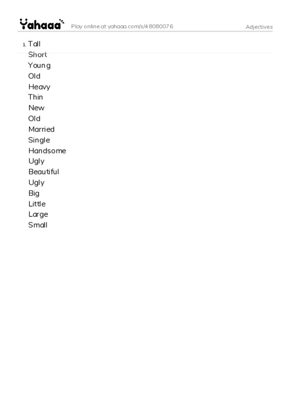 Word list with meanings worksheet for Adjectives