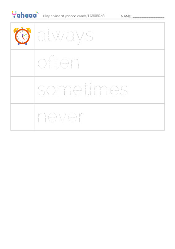 Picture and word rows worksheet for adverbs of frequency