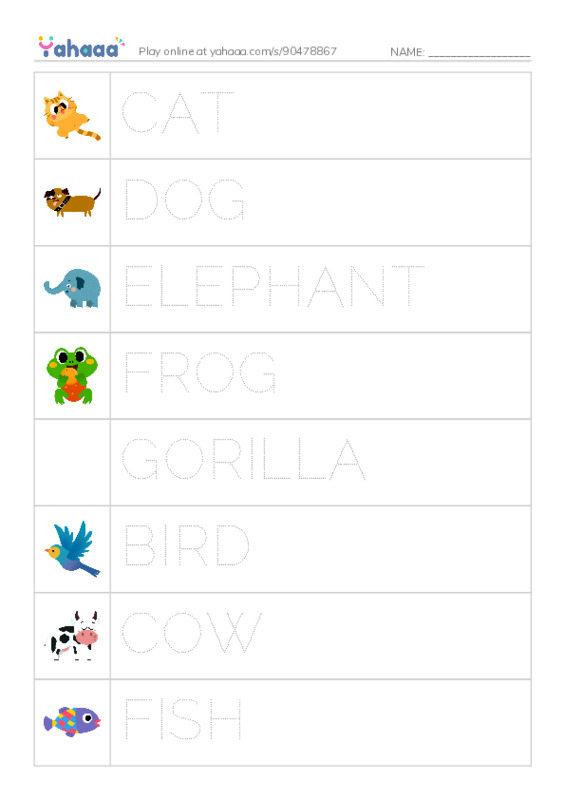 Picture and word rows worksheet for Animals