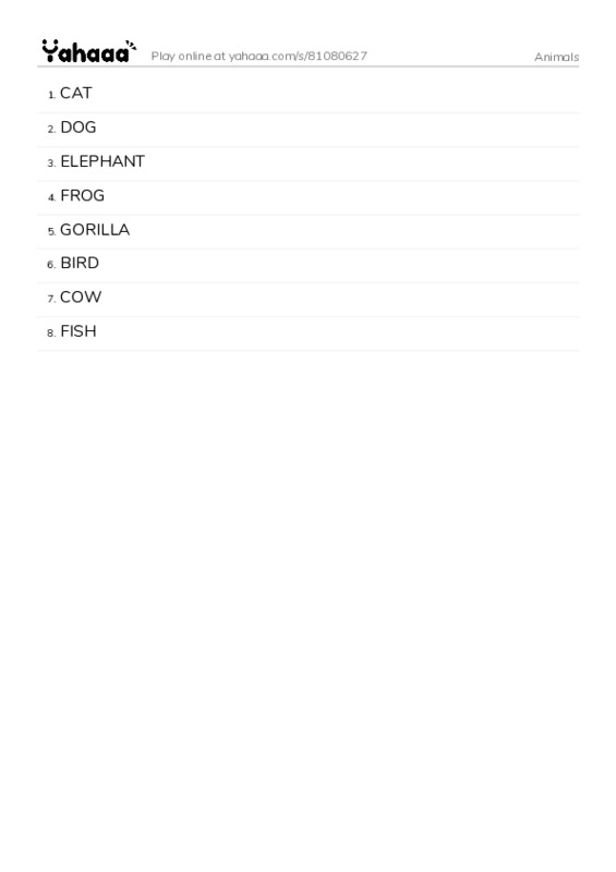 Word list with meanings worksheet for Animals