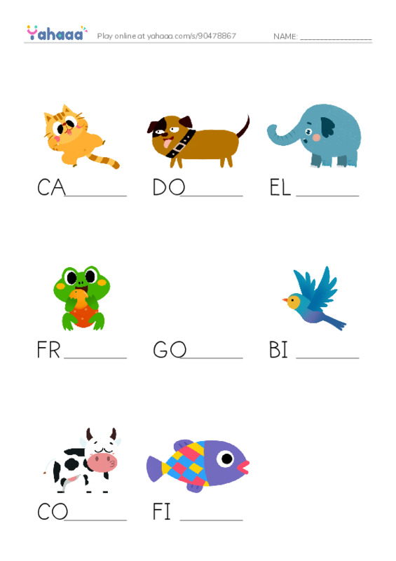Finish the word worksheet for Animals