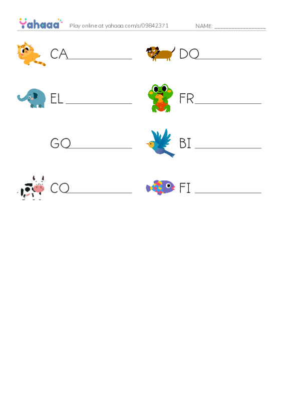 Write the word rows worksheet for Animals
