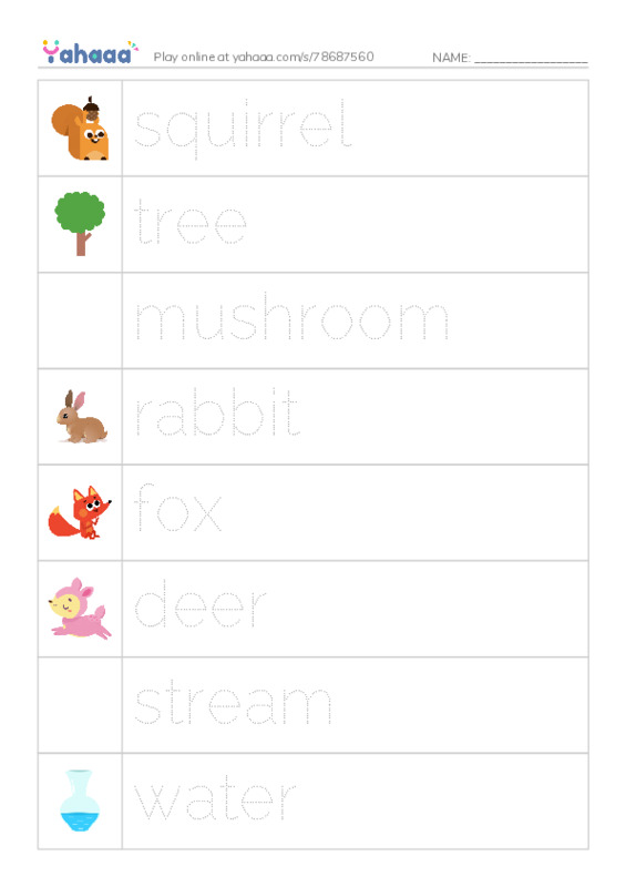 Picture and word rows worksheet for The forest