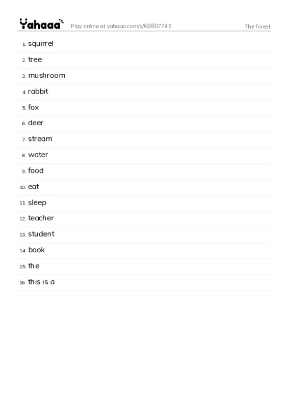 Word list with meanings worksheet for The forest