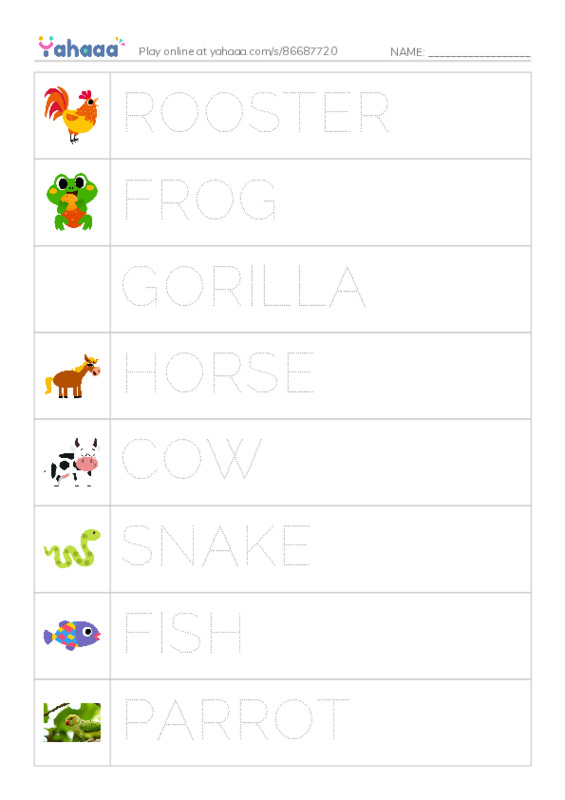 Picture and word rows worksheet for all animals
