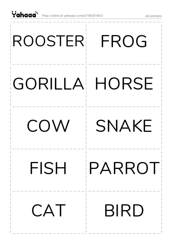 Word flashcards worksheet for all animals