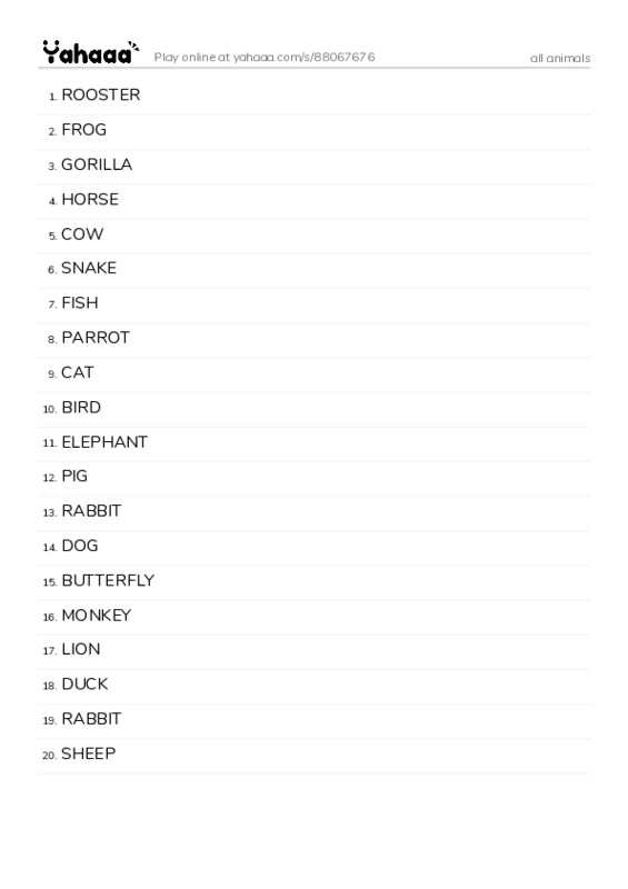 Word list with meanings worksheet for all animals