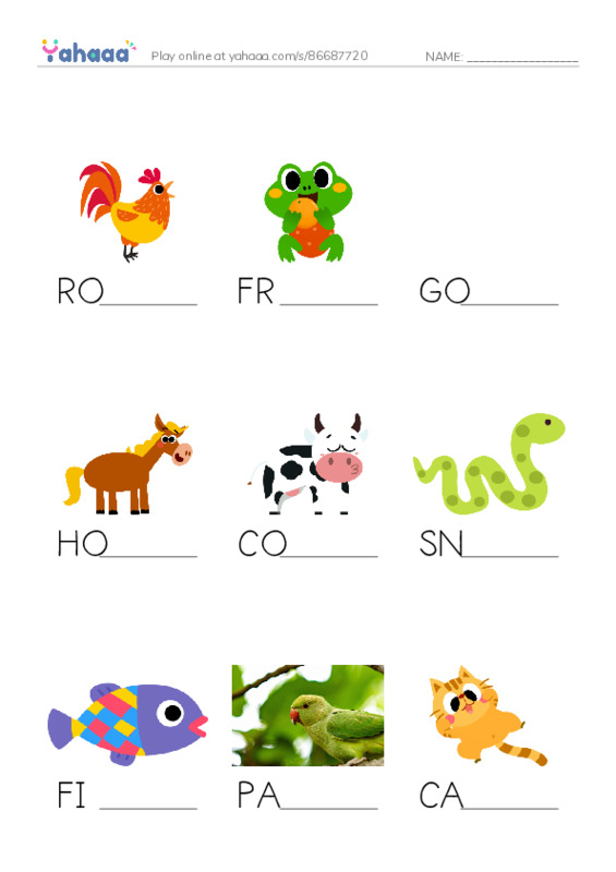 Finish the word worksheet for all animals