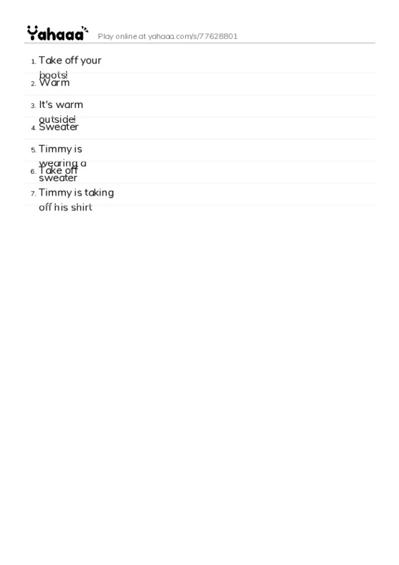 Word list with meanings worksheet for Take off your boots!, Warm, It's warm outside! and 4 more