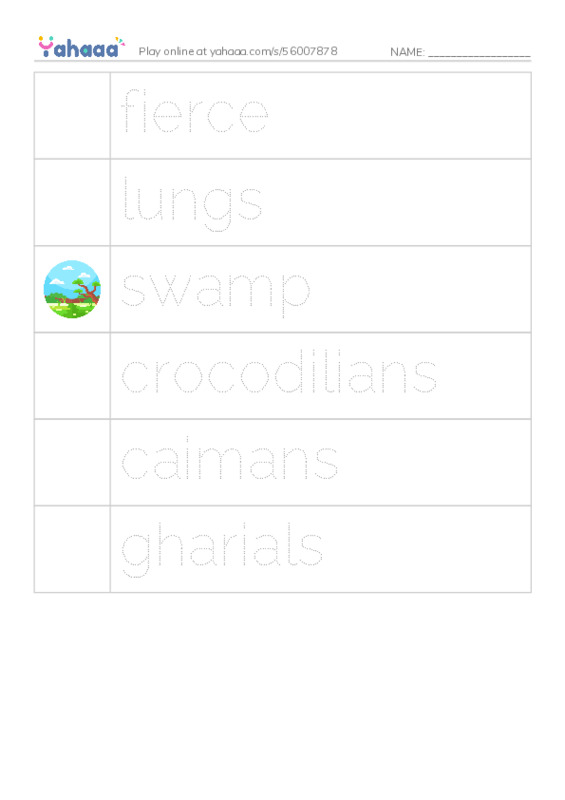 Picture and word rows worksheet for fierce, lungs, swamp and 3 more