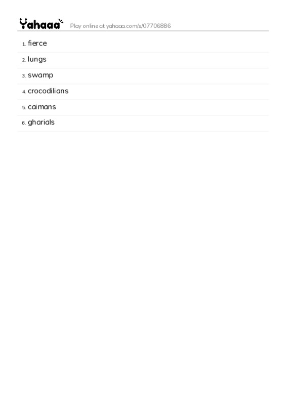 Word list with meanings worksheet for fierce, lungs, swamp and 3 more