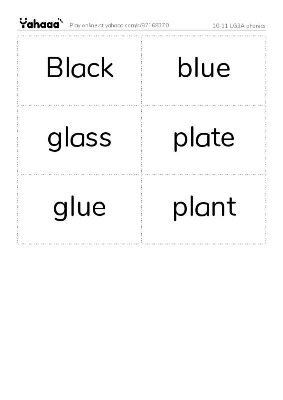 Word flashcards worksheet for 10-11 LG3A phonics