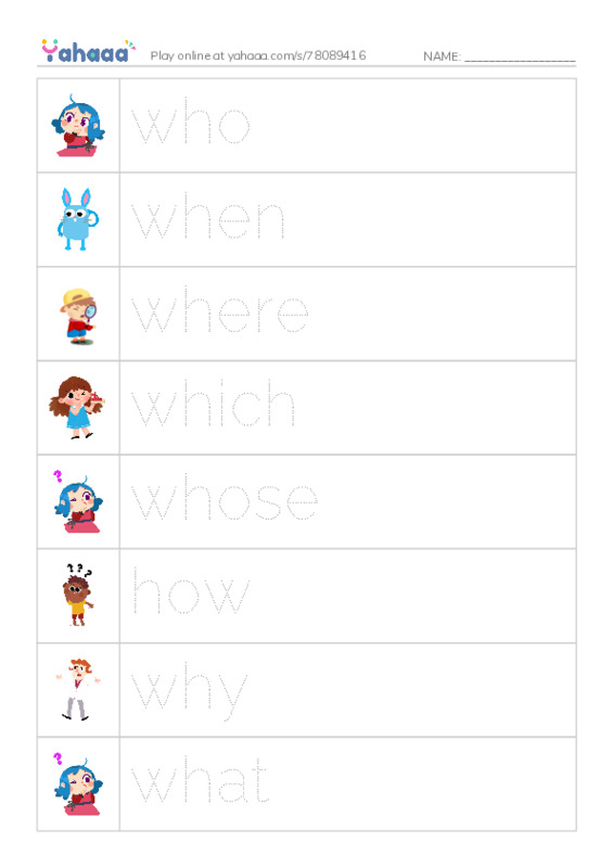 Picture and word rows worksheet for Question Words