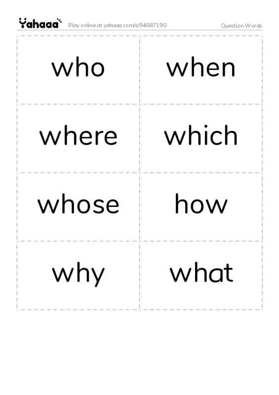 Word flashcards worksheet for Question Words