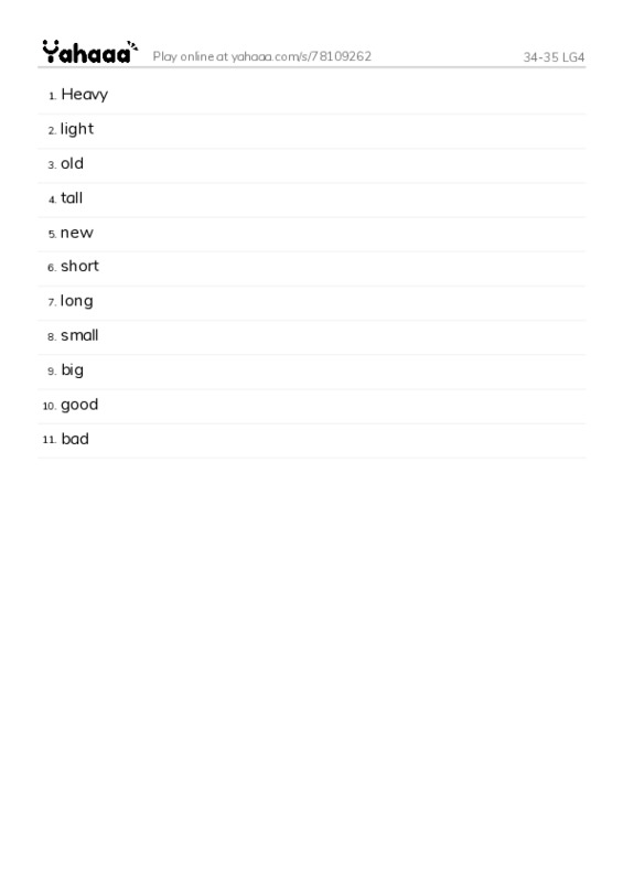 Word list with meanings worksheet for 34-35 LG4