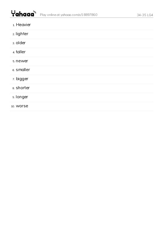 Word list with meanings worksheet for 34-35 LG4
