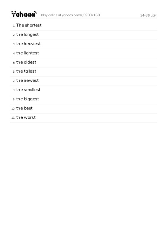 Word list with meanings worksheet for 34-35 LG4