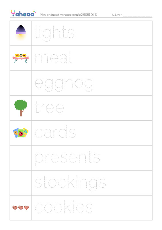 Picture and word rows worksheet for christmas eve