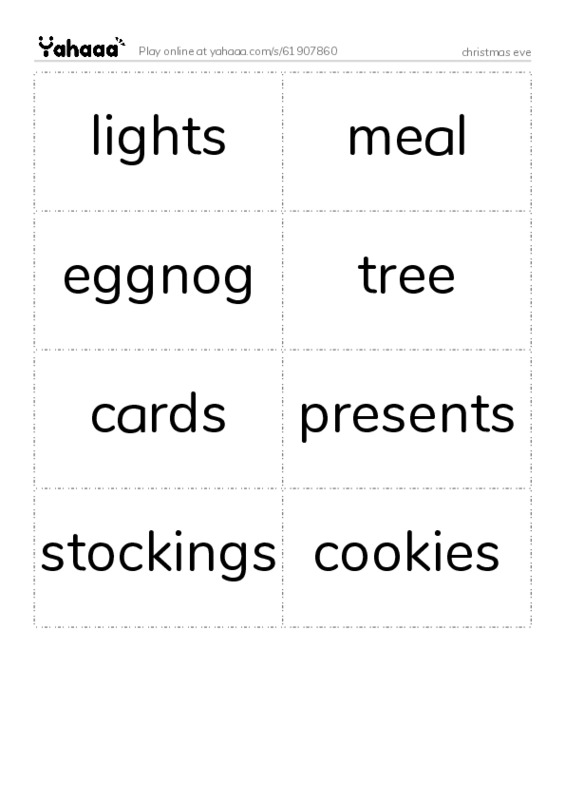 Word flashcards worksheet for christmas eve