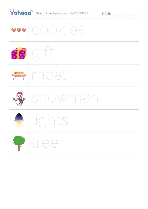 Picture and word rows worksheet for christmas eve