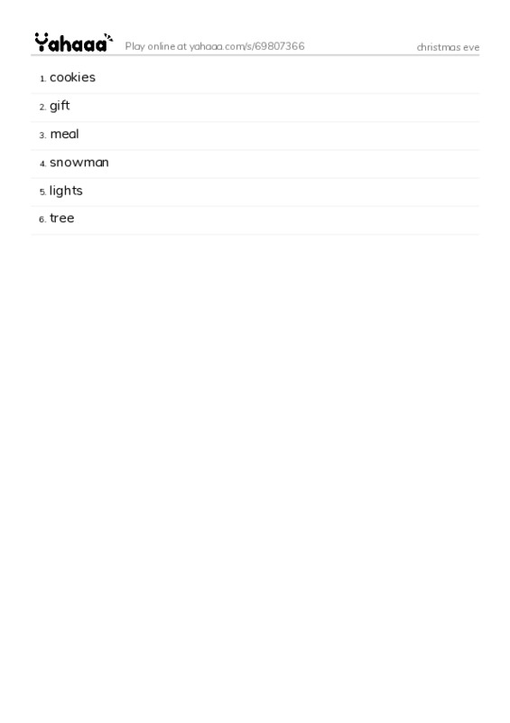 Word list with meanings worksheet for christmas eve