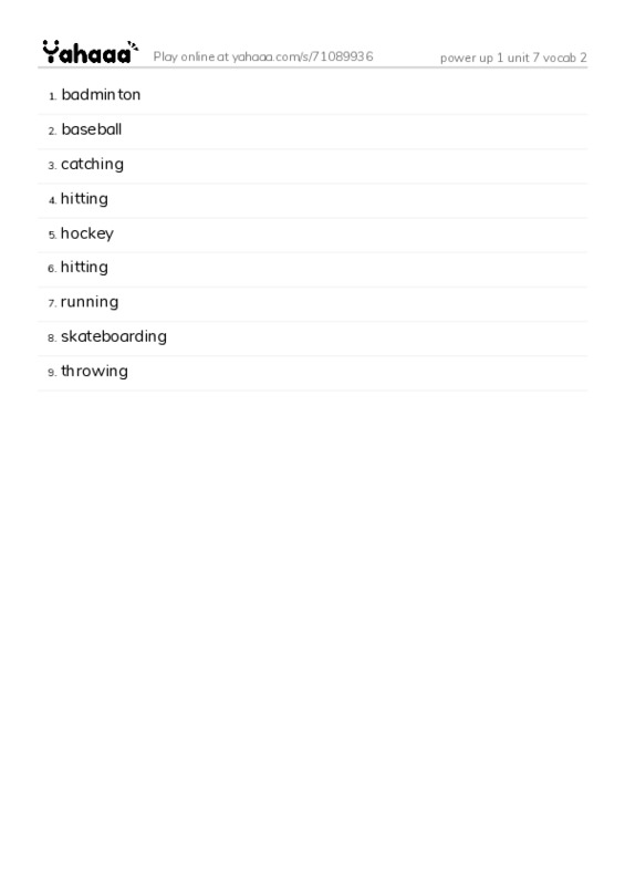 Word list with meanings worksheet for power up 1 unit 7 vocab 2