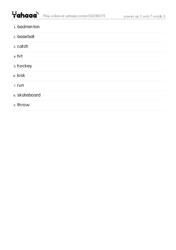 Word list with meanings worksheet for power up 1 unit 7 vocab 2