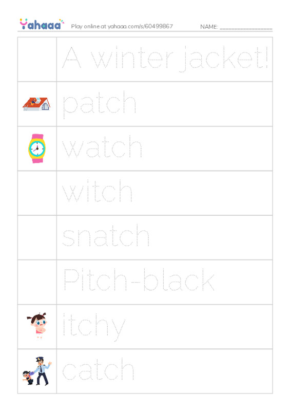 Picture and word rows worksheet for A winter jacket!, patch, watch and 12 more
