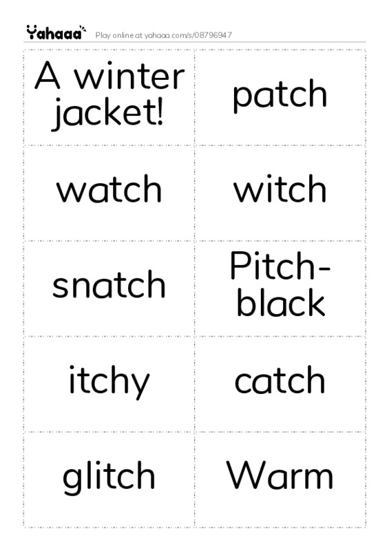 Word flashcards worksheet for A winter jacket!, patch, watch and 12 more