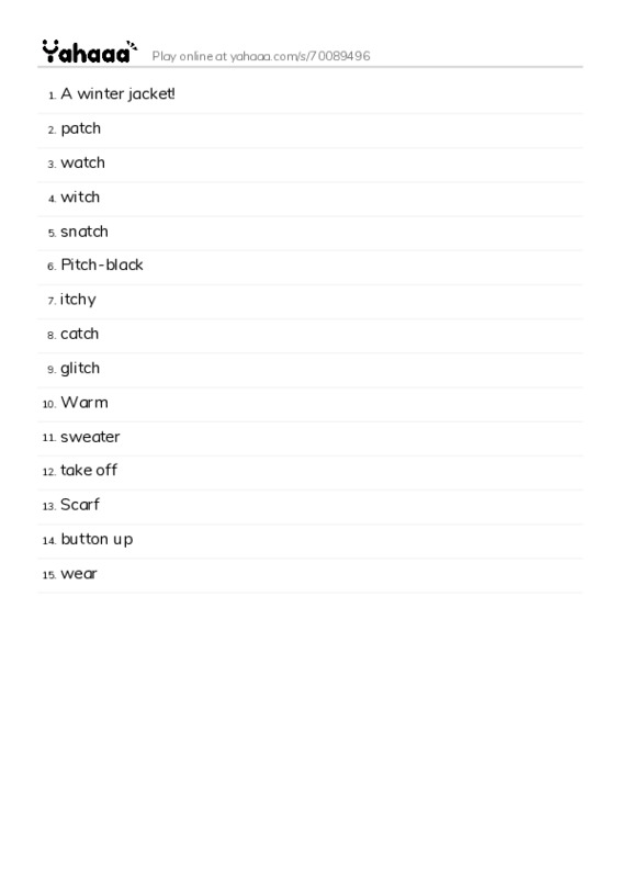 Word list with meanings worksheet for A winter jacket!, patch, watch and 12 more