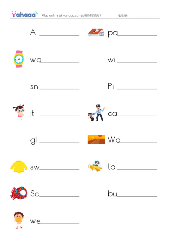 Write the word rows worksheet for A winter jacket!, patch, watch and 12 more