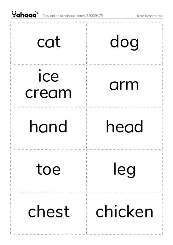 Word flashcards worksheet for from head to toe