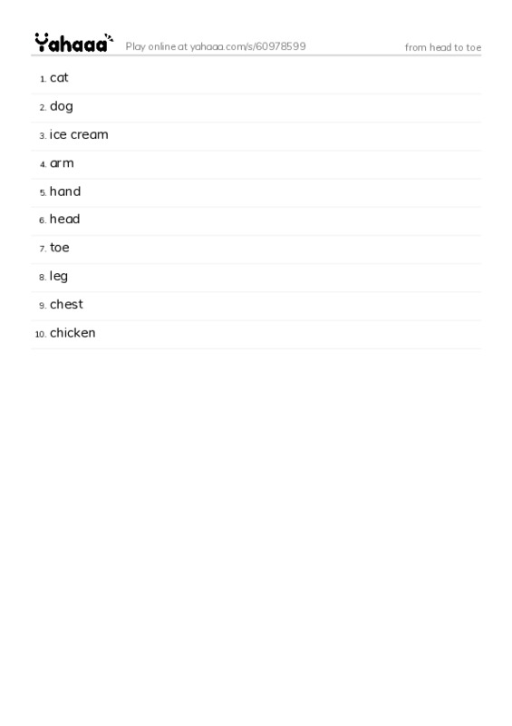 Word list with meanings worksheet for from head to toe