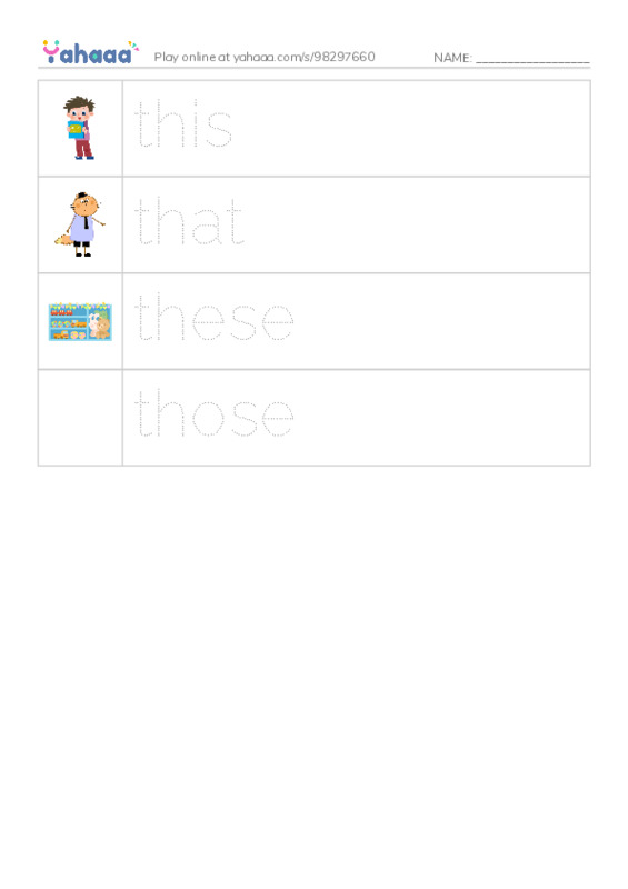 Picture and word rows worksheet for Demonstrative pronouns