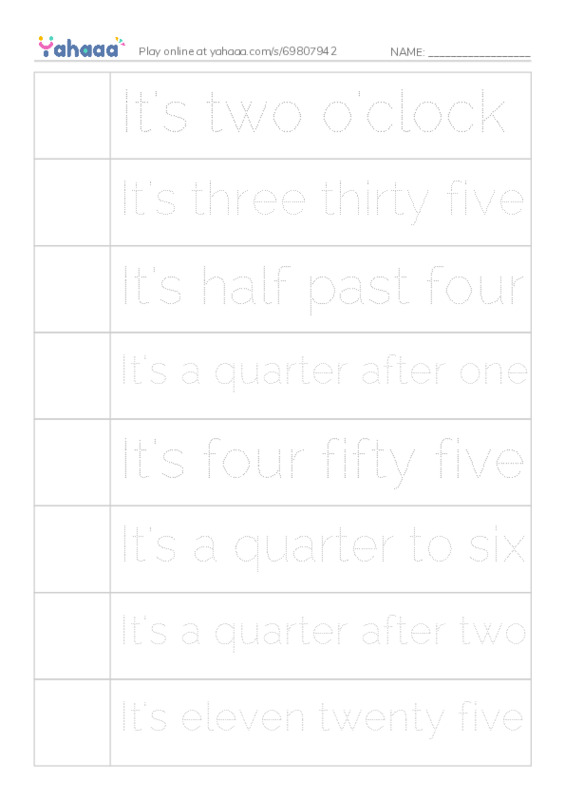 Picture and word rows worksheet for WHAT TIME IS IT?