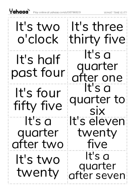 Word flashcards worksheet for WHAT TIME IS IT?