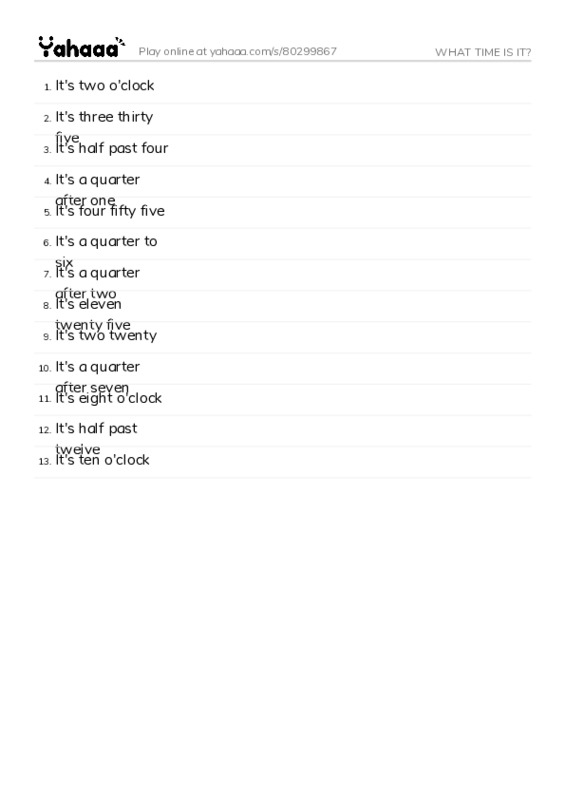 Word list with meanings worksheet for WHAT TIME IS IT?