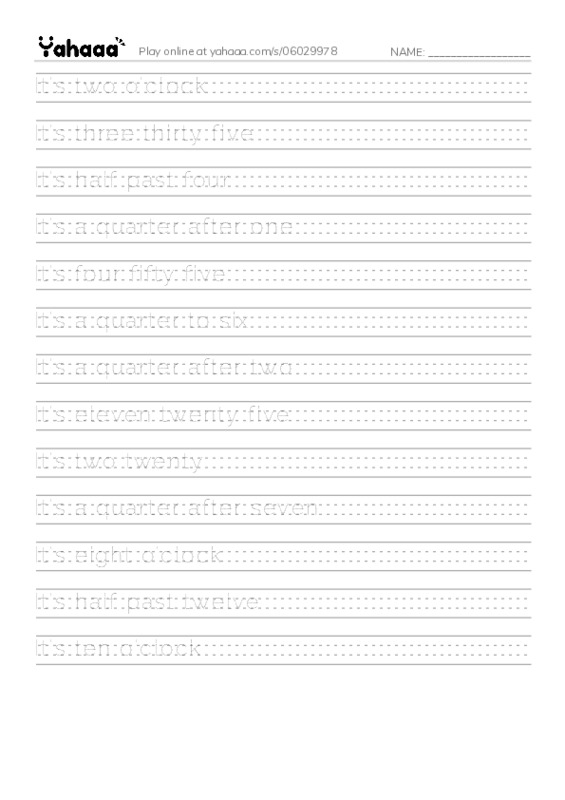 Handwriting lines worksheet for WHAT TIME IS IT?