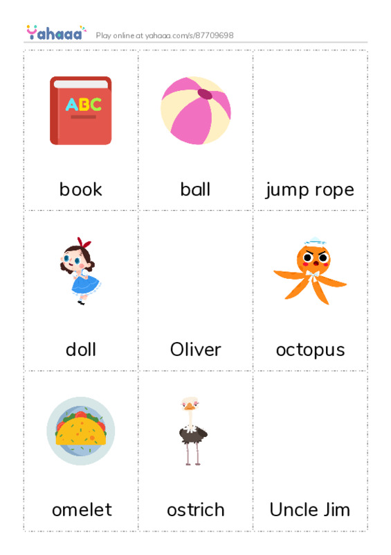 Picture flashcards worksheet for book, ball, jump rope and 13 more