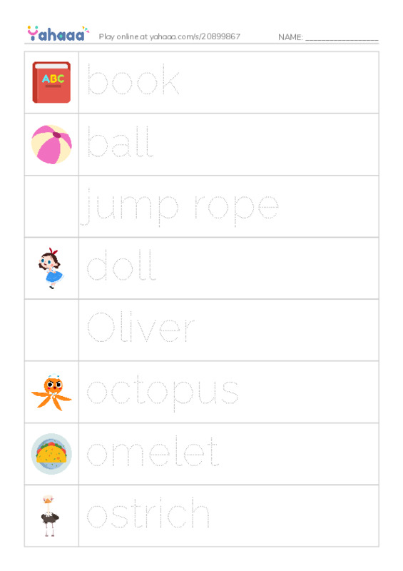 Picture and word rows worksheet for book, ball, jump rope and 13 more