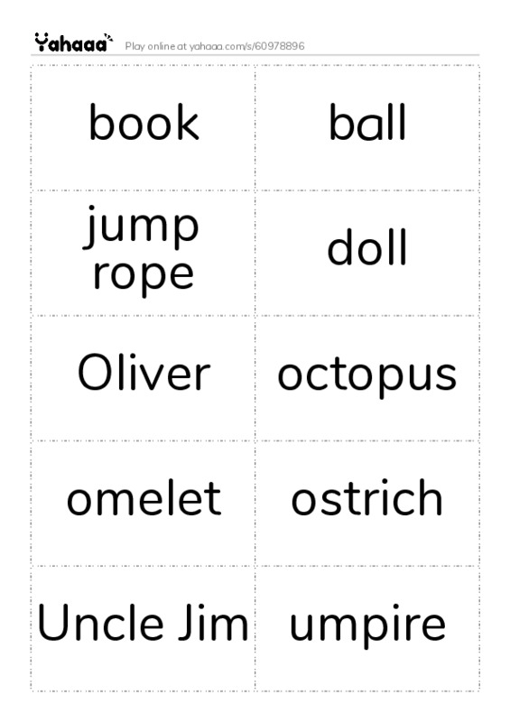 Word flashcards worksheet for book, ball, jump rope and 13 more