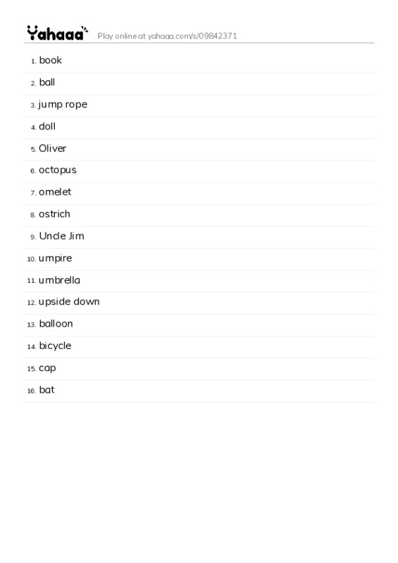 Word list with meanings worksheet for book, ball, jump rope and 13 more