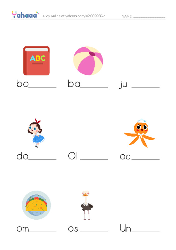Finish the word worksheet for book, ball, jump rope and 13 more