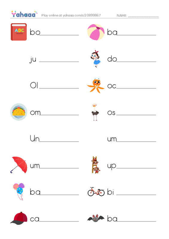 Write the word rows worksheet for book, ball, jump rope and 13 more