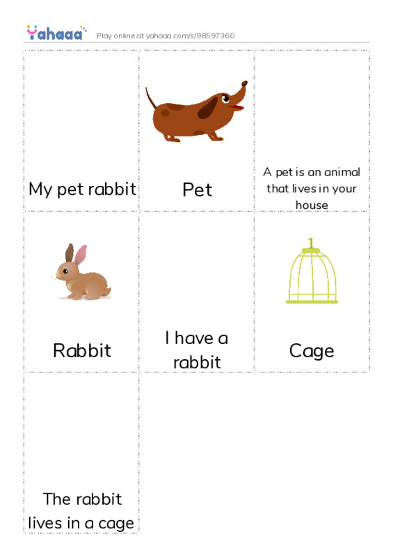 Picture flashcards worksheet for My pet rabbit, Pet, A pet is an animal that lives in your house and 4 more