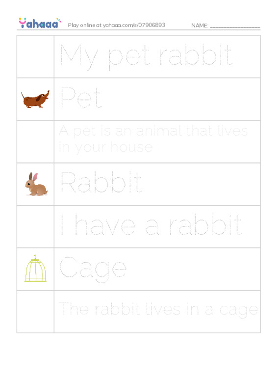 Picture and word rows worksheet for My pet rabbit, Pet, A pet is an animal that lives in your house and 4 more