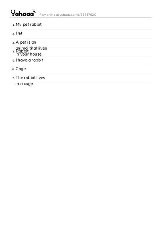 Word list with meanings worksheet for My pet rabbit, Pet, A pet is an animal that lives in your house and 4 more