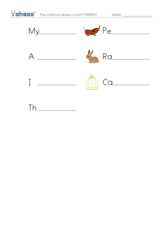 Write the word rows worksheet for My pet rabbit, Pet, A pet is an animal that lives in your house and 4 more